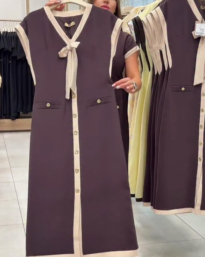 Coffee V-Neck Bow Detail Button-Front Midi Dress