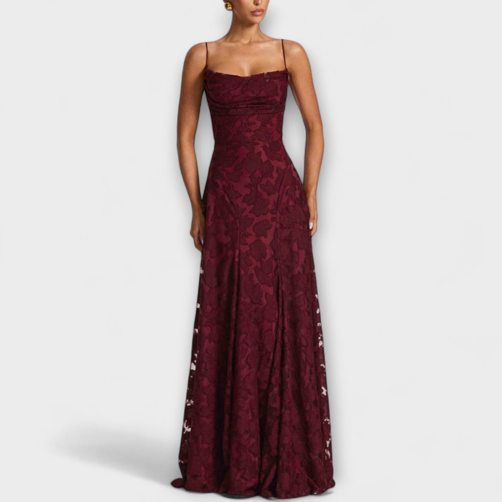 Women's white floral lace spaghetti strap maxi dress, movement shot showing flowing silhouette