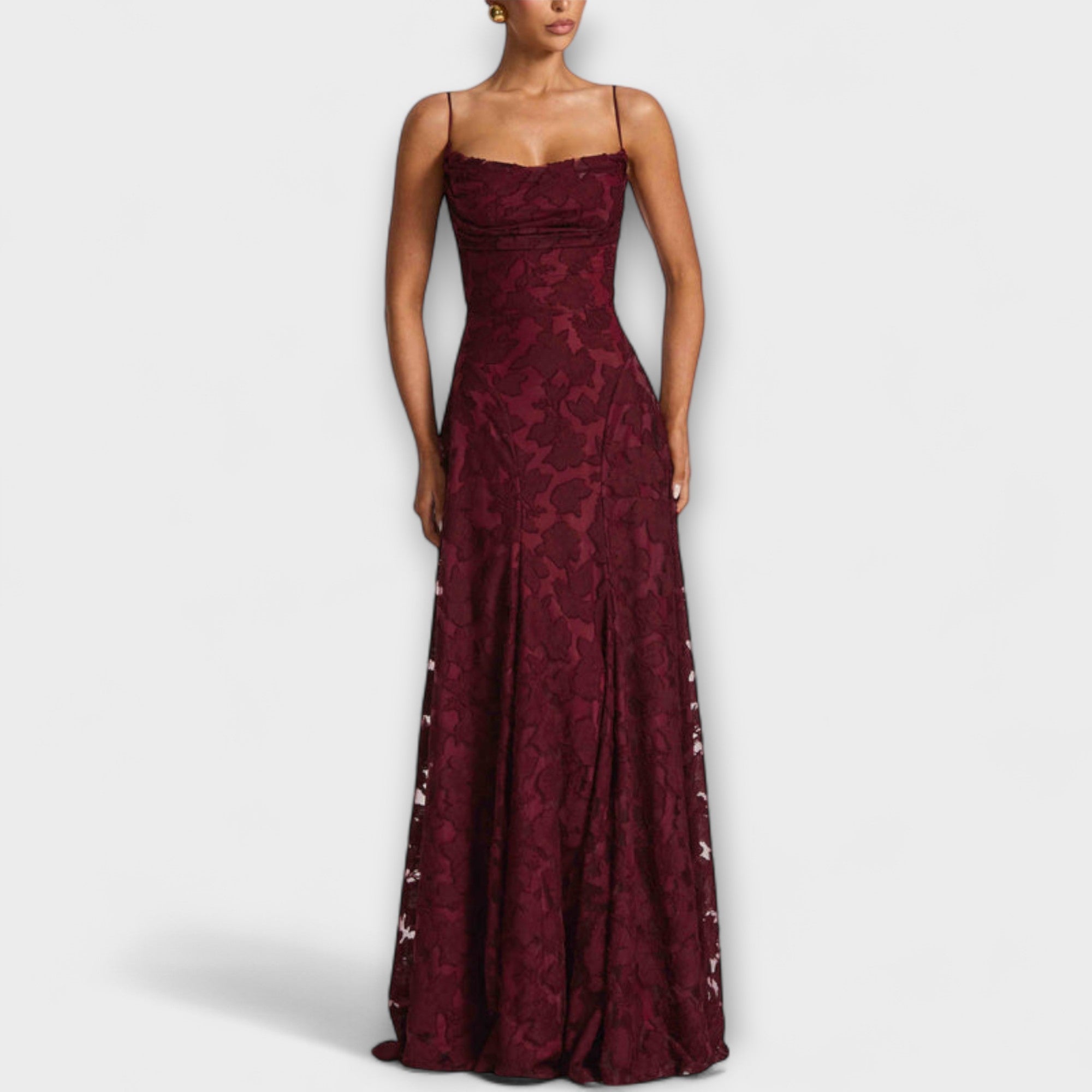 Women's white floral lace spaghetti strap maxi dress, movement shot showing flowing silhouette