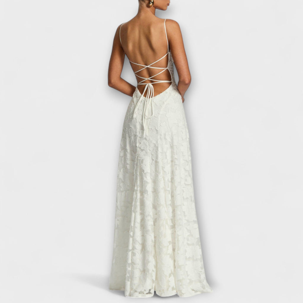 Women's 3D floral lace maxi dress showing fitted bodice and A-line silhouette, side view