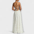 Women's 3D floral lace maxi dress showing fitted bodice and A-line silhouette, side view