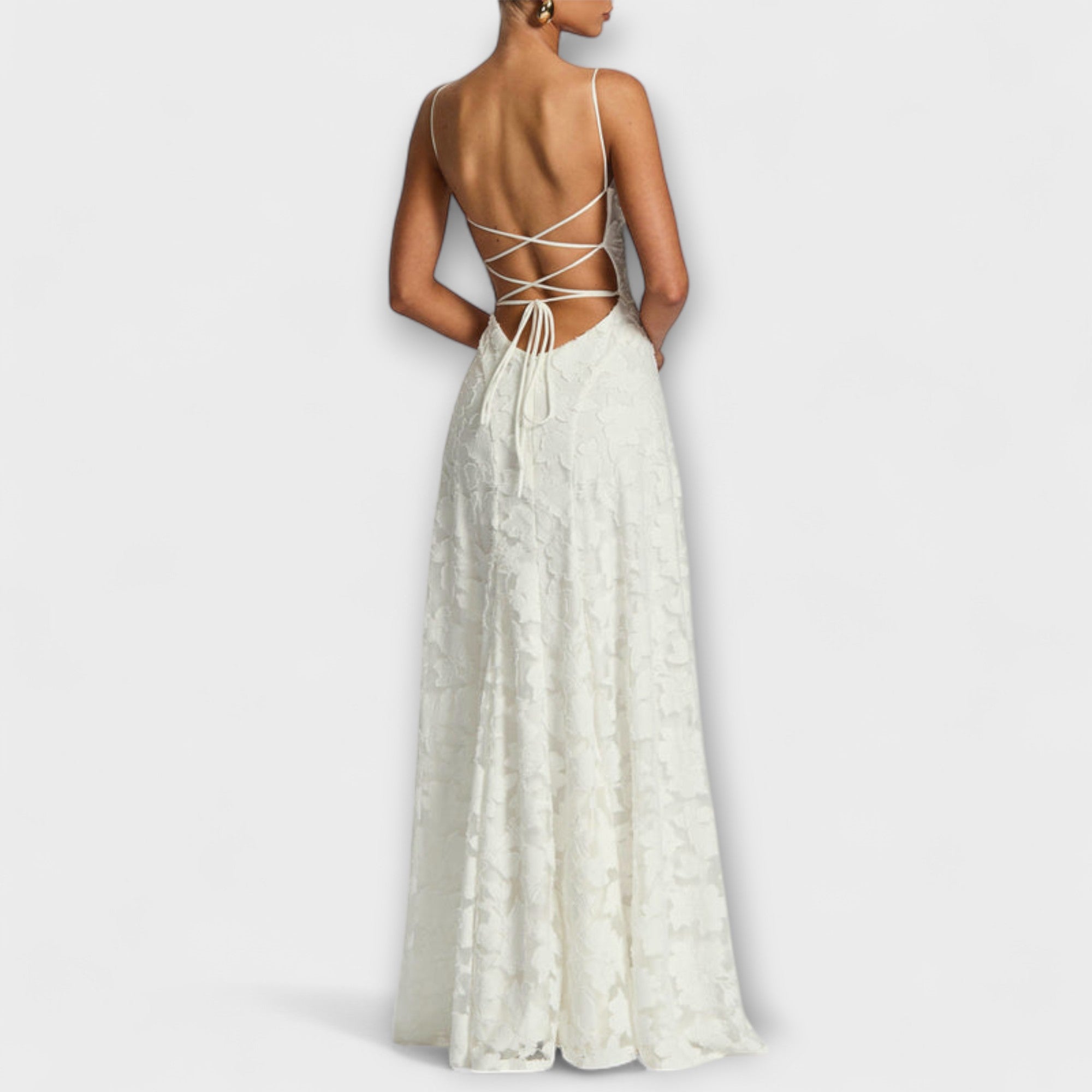 Women's 3D floral lace maxi dress showing fitted bodice and A-line silhouette, side view