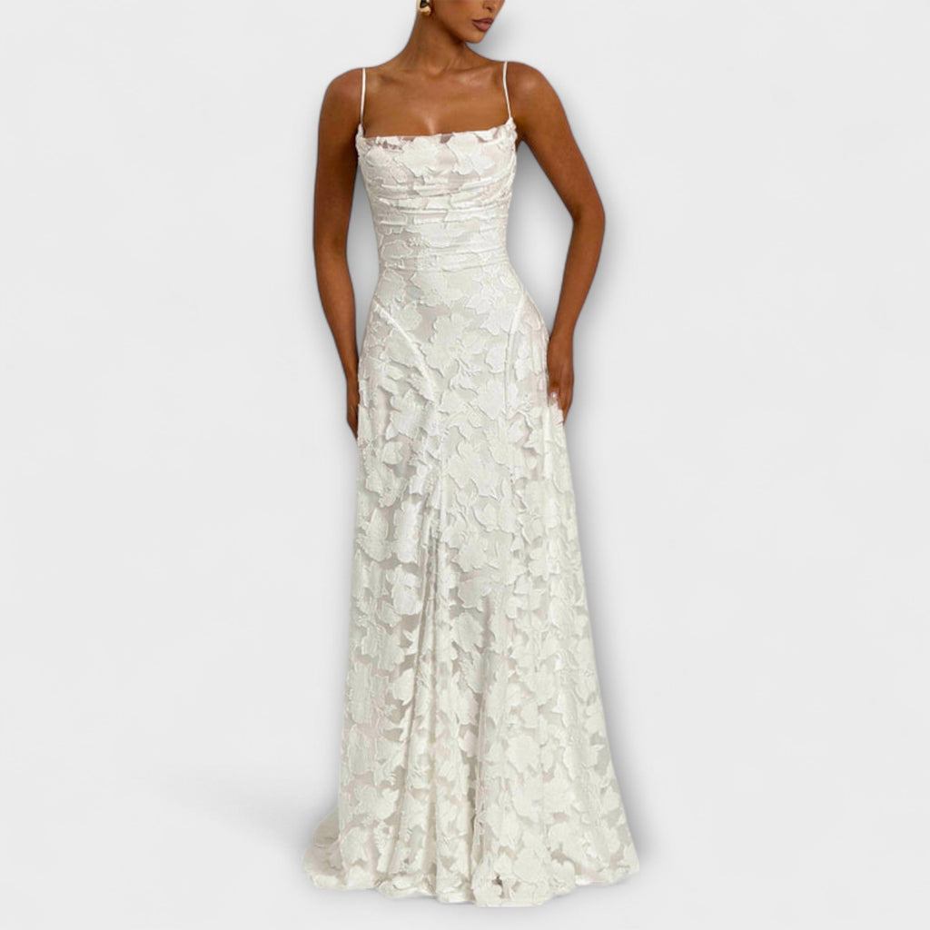 Women's white floral lace spaghetti strap maxi dress, elegant wedding guest style, front view