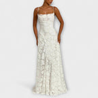 Women's white floral lace spaghetti strap maxi dress, elegant wedding guest style, front view