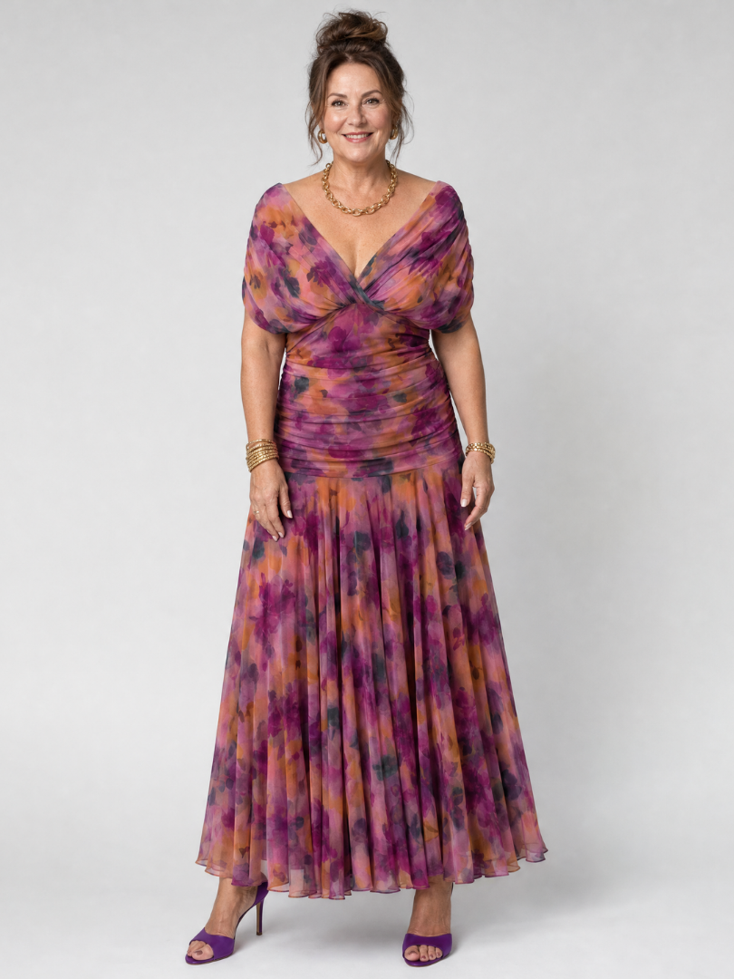 Off-Shoulder Draped Neckline Flared Midi Dress – Elegant Occasion Midi Dress