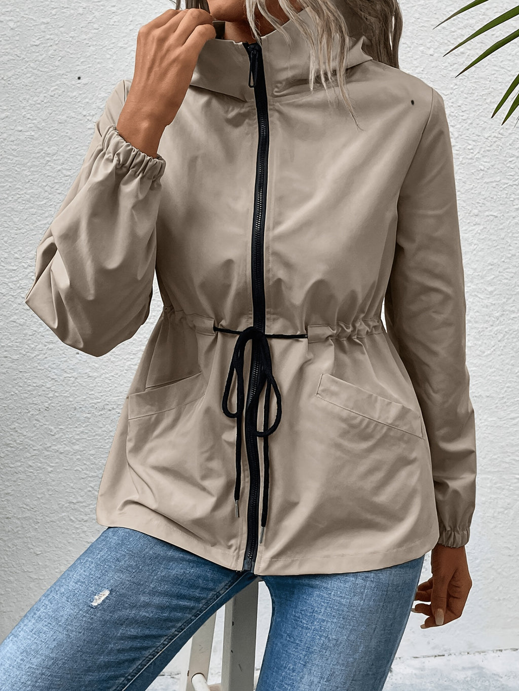 Khaki hooded drawstring-waist coat