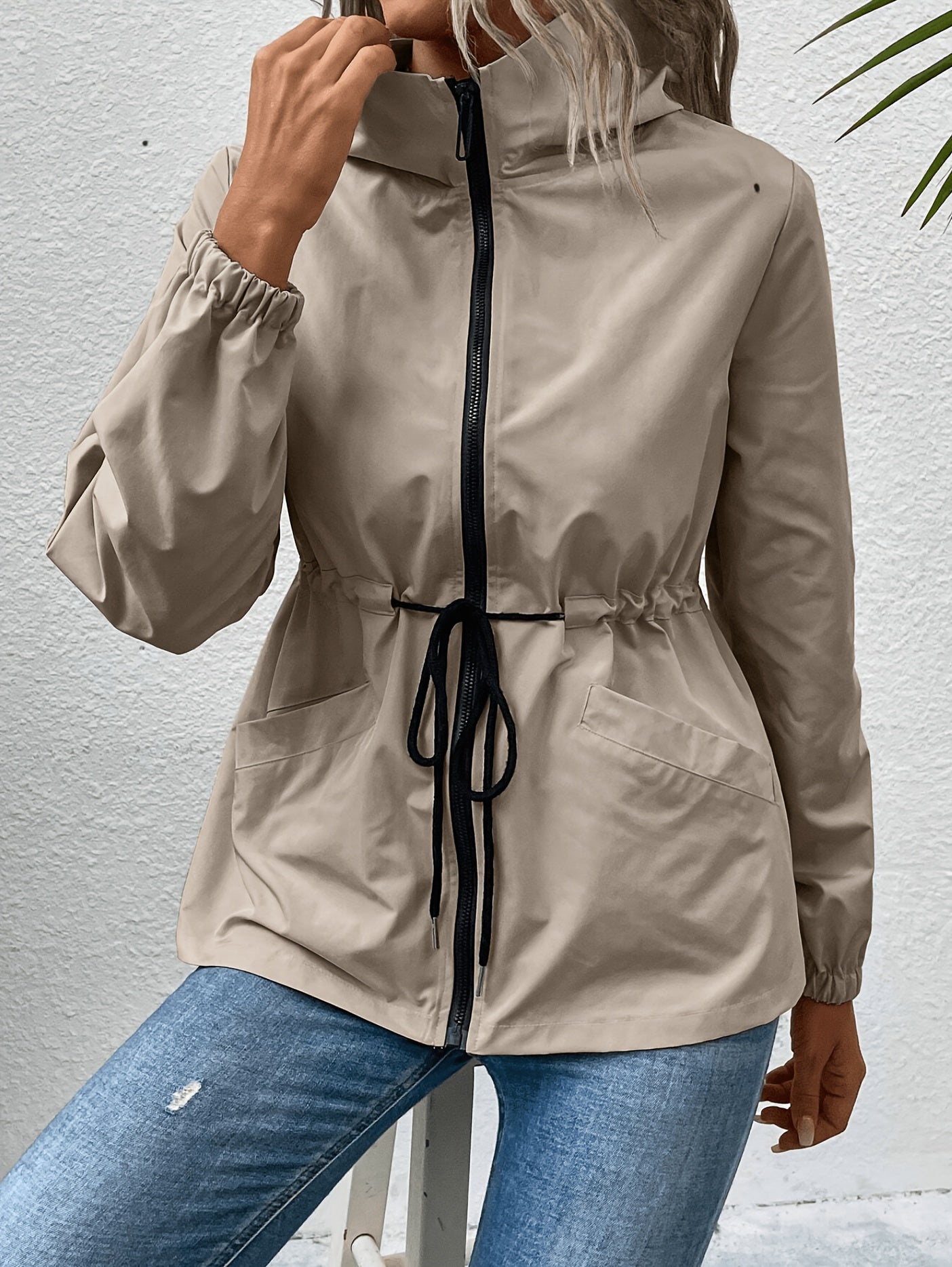 Khaki hooded drawstring-waist coat
