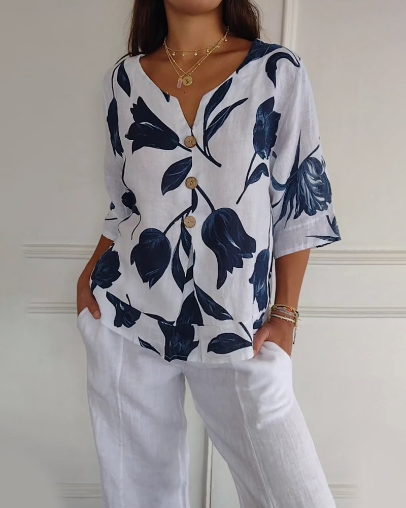 Floral print three quarter sleeve cotton linen blouse, front view