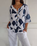 Floral print three quarter sleeve cotton linen blouse, front view