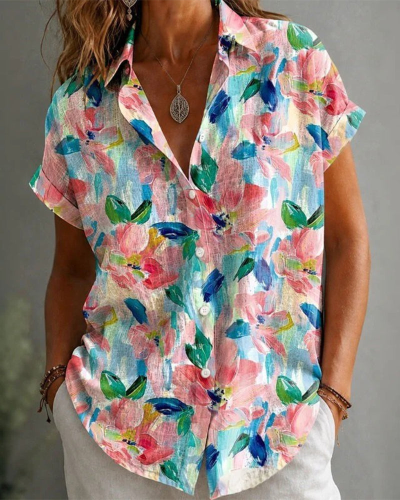 Women's Pink Turn-Down Collar Printed Short-Sleeve Shirt
