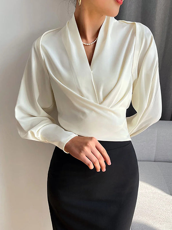 White zip-front V-neck blouse, front view