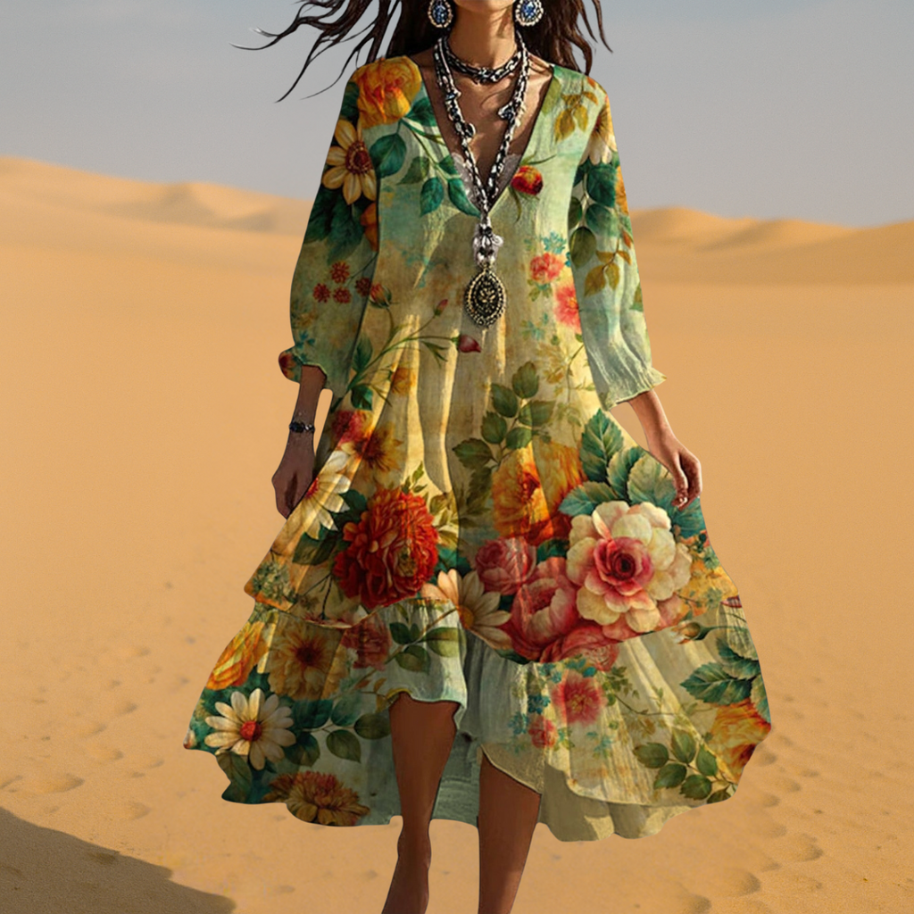 V-neck 3/4 sleeve floral midi dress, boho style full-length view | Alba Muse