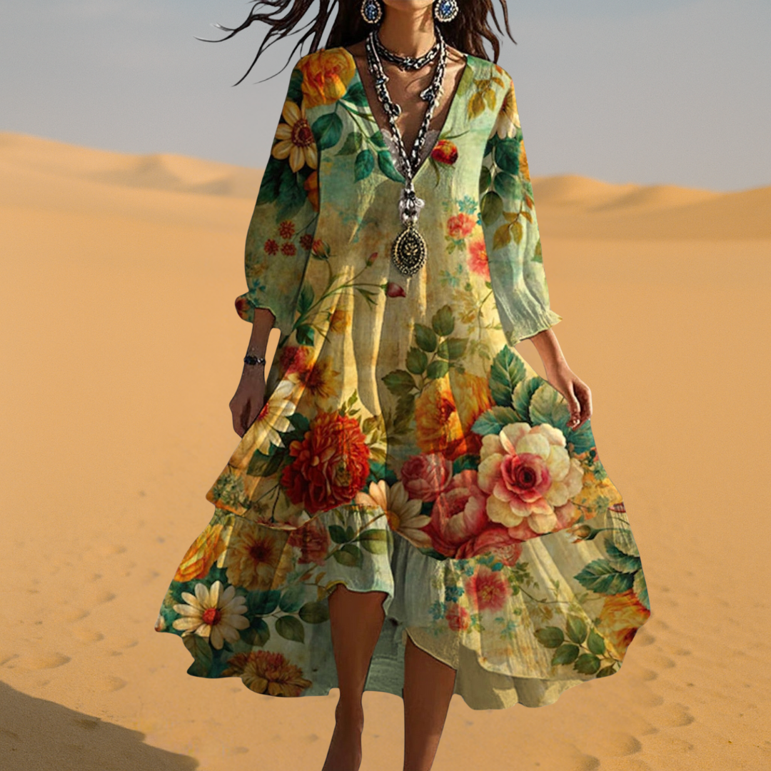 V-neck 3/4 sleeve floral midi dress, boho style full-length view | Alba Muse