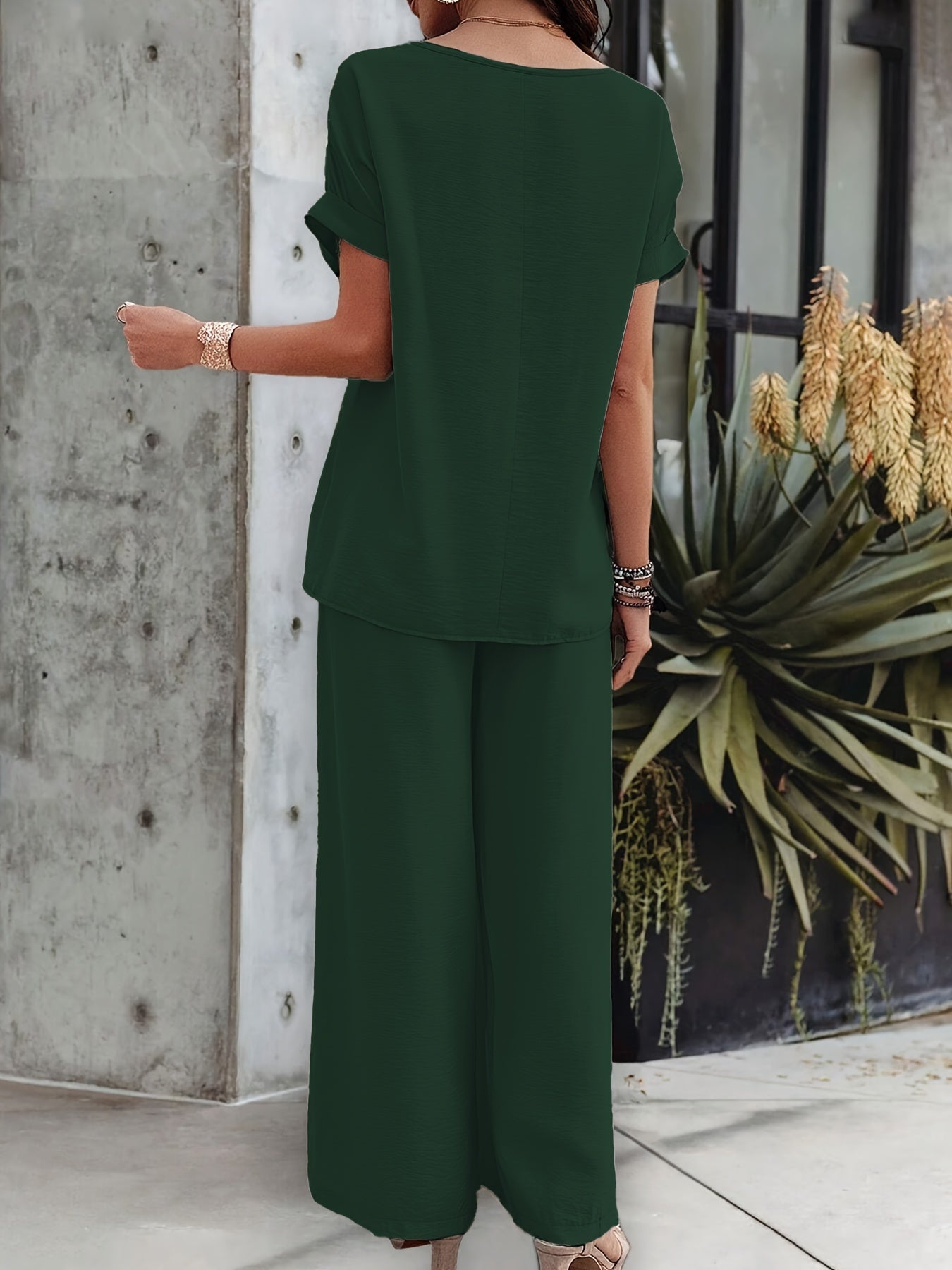 Short Sleeve Top & Wide Leg Trousers Co-ord Set in Military Blue, detail view