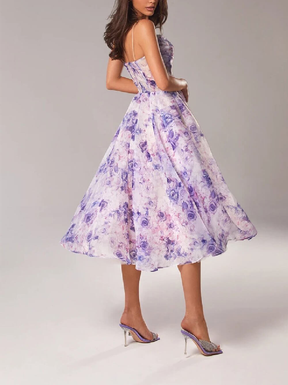 Floral spaghetti strap midi dress, full length view