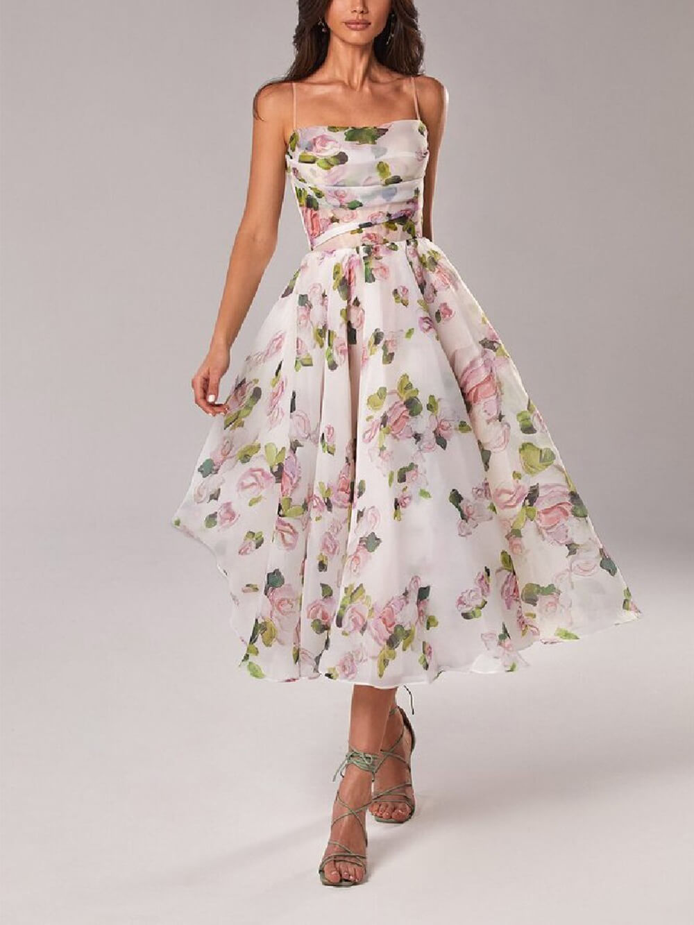 Women's floral spaghetti strap A-line midi dress, front view