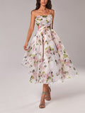 Women's floral spaghetti strap A-line midi dress, front view