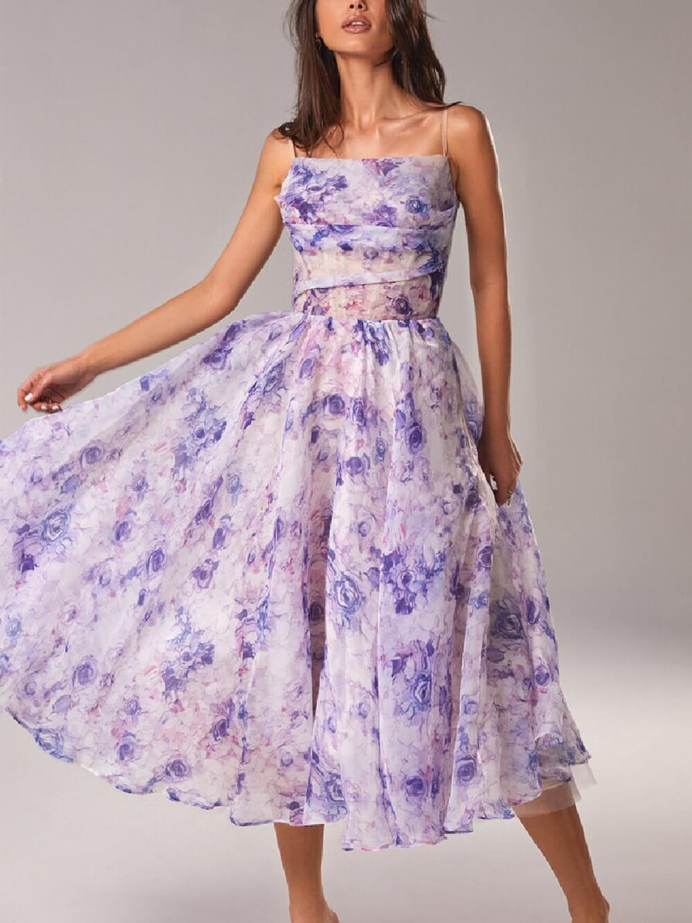 Women's floral A-line midi dress, back view