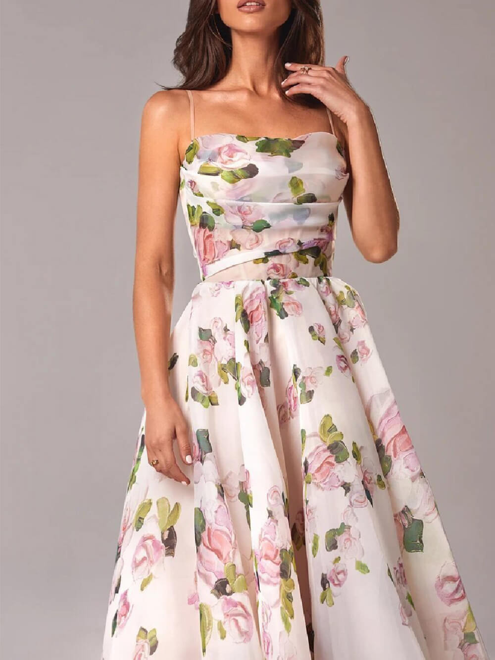 Floral spaghetti strap midi dress, side view