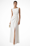 Women's sleeveless boat neck draped waist maxi dress wedding guest