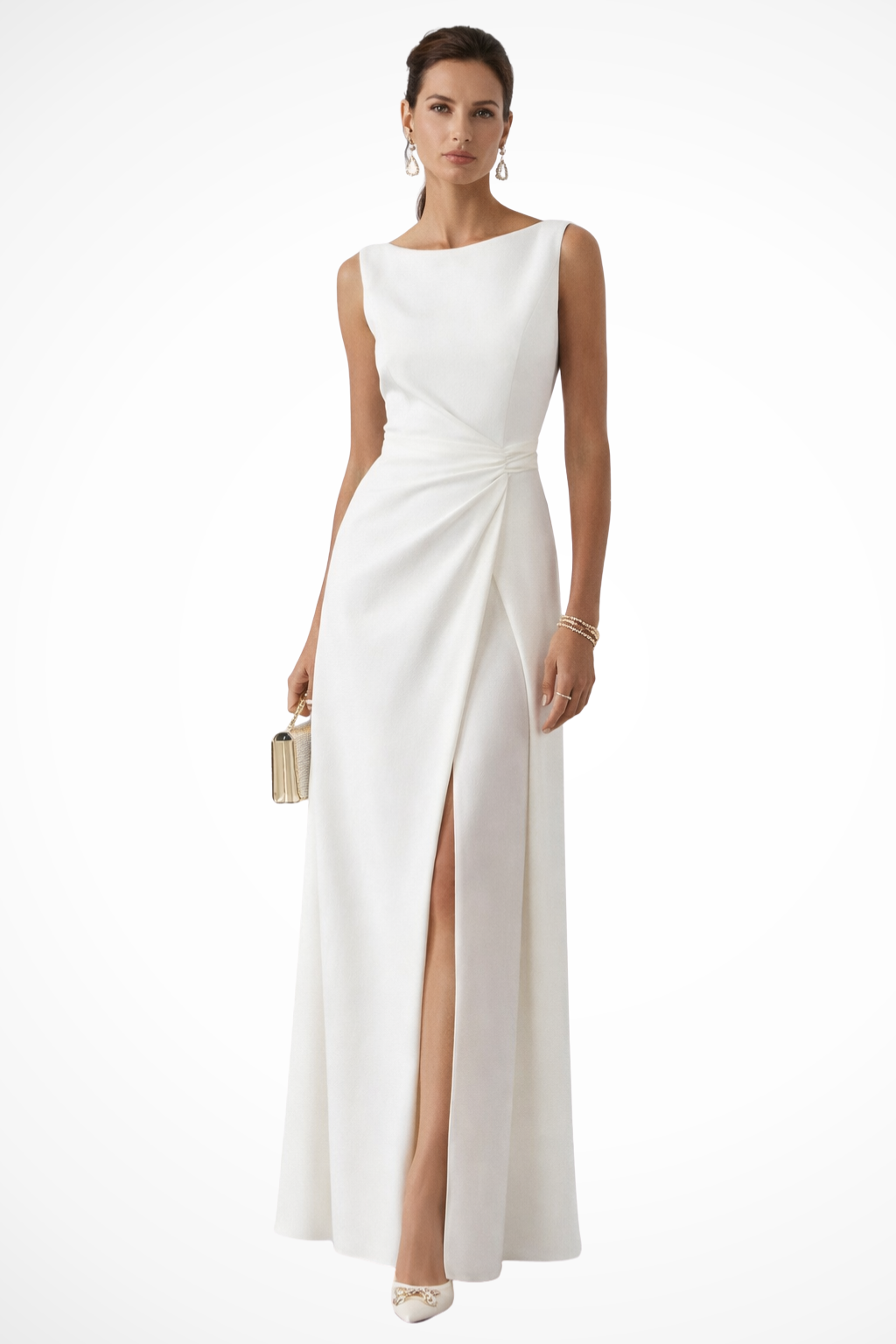 Women's sleeveless boat neck draped waist maxi dress wedding guest