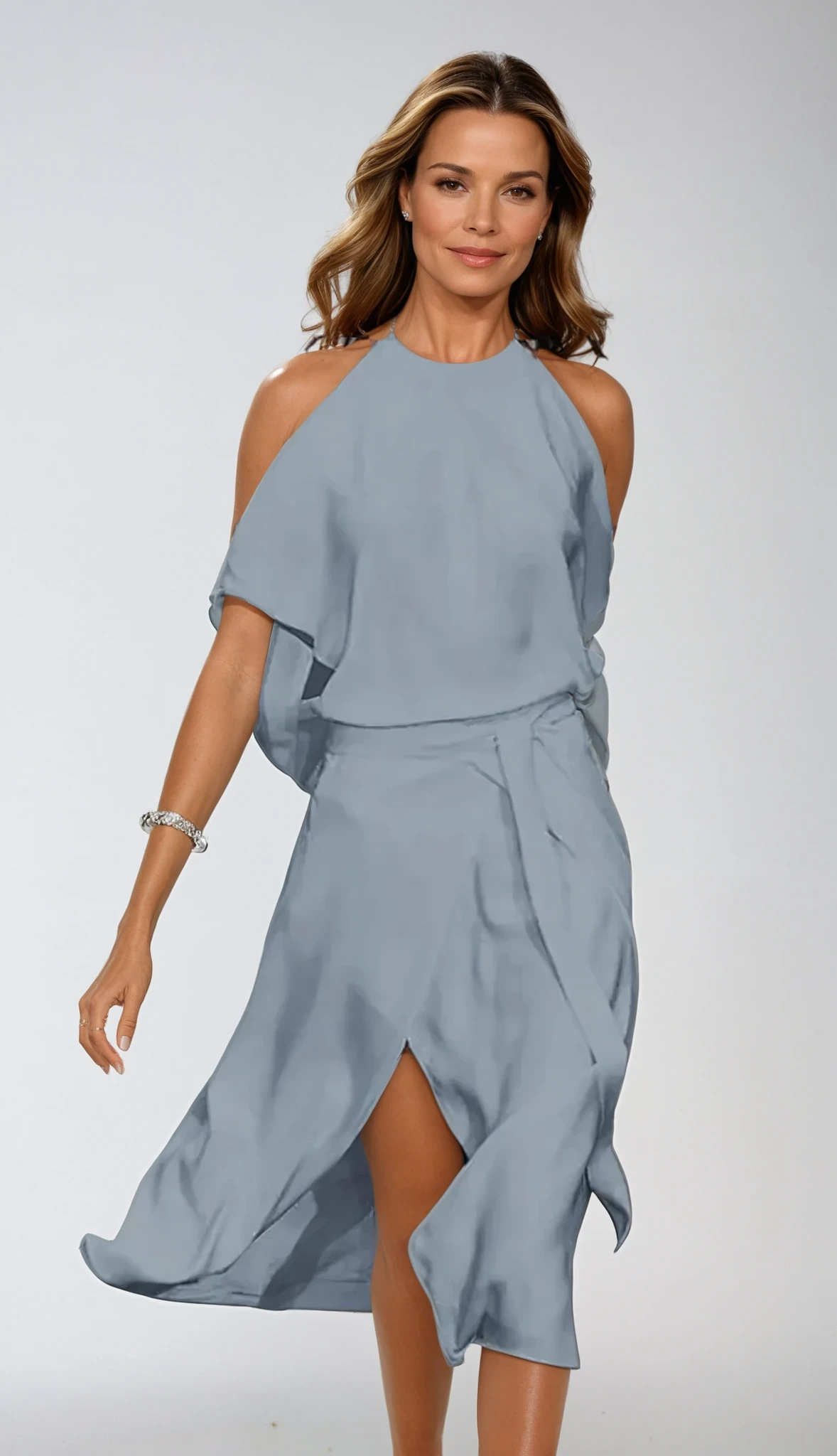Wrap evening dress with halter neck showing flowing silhouette, side view