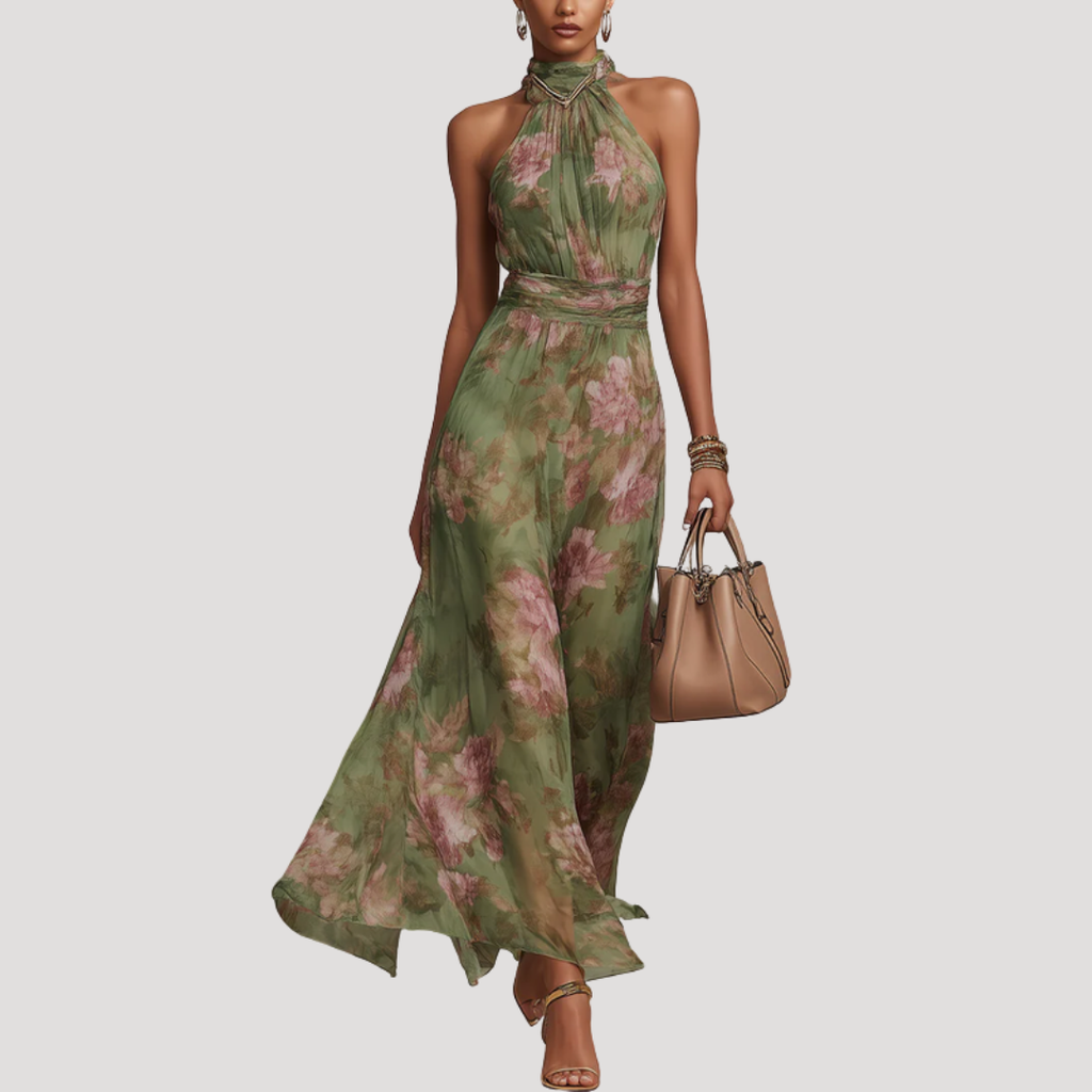 Green floral halter neck maxi dress, front view on model