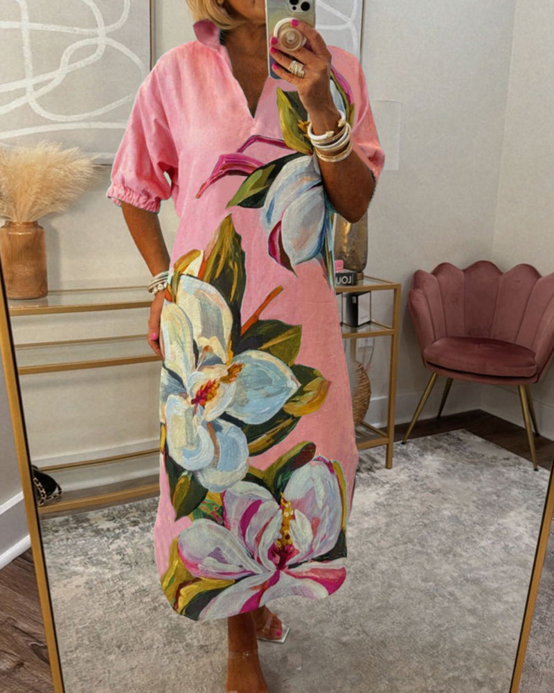 Pink Floral Print V-Neck Midi Dress | Alba Muse
