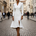 Women's structured white dress with high collar, front view
