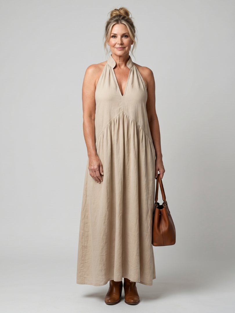Relaxed Fit Casual Summer Midi Dress in Beige, front view