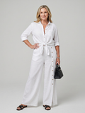 Long sleeve tie front top and trousers set in white, full length view