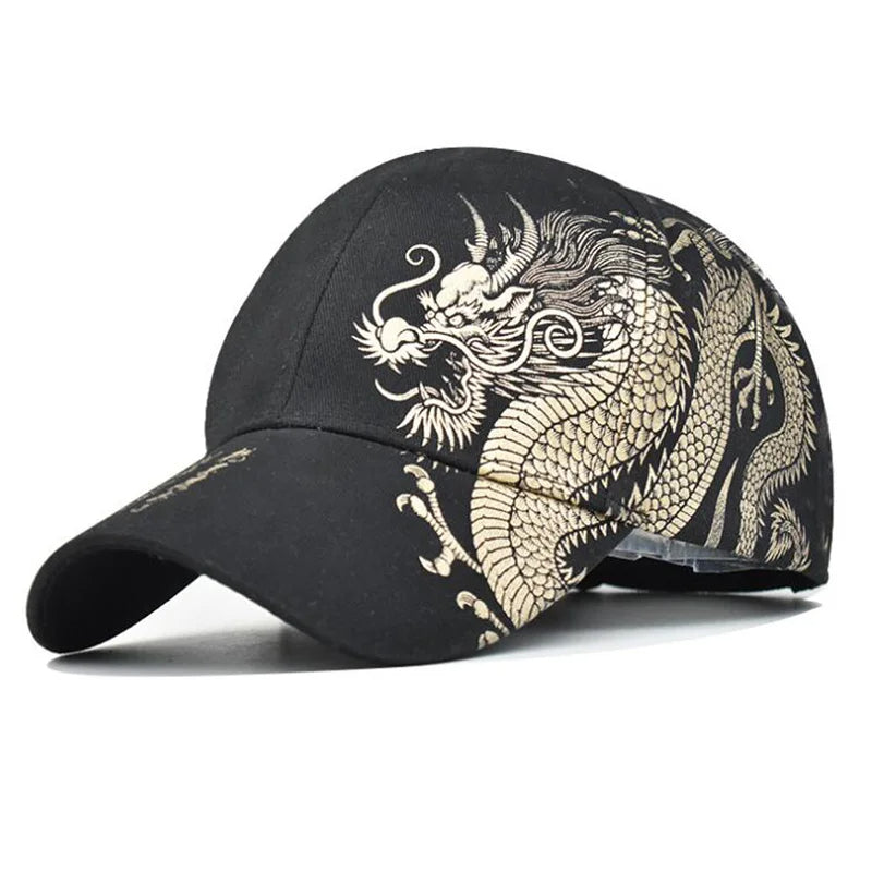 Black Year of the Dragon Cap, angled side view with dragon design detail on crown