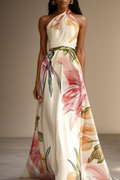 Women's floral satin one shoulder maxi dress in pink – A-line front view