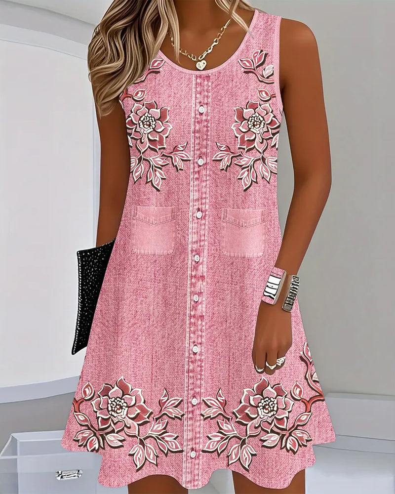 Sleeveless Floral Button-Up Midi Dress