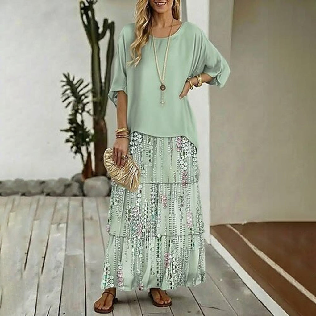 Sequin print maxi skirt and top set in green, front view