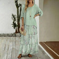 Sequin print maxi skirt and top set in green, front view