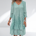 Lace trim embroidered boho dress in Green, front view