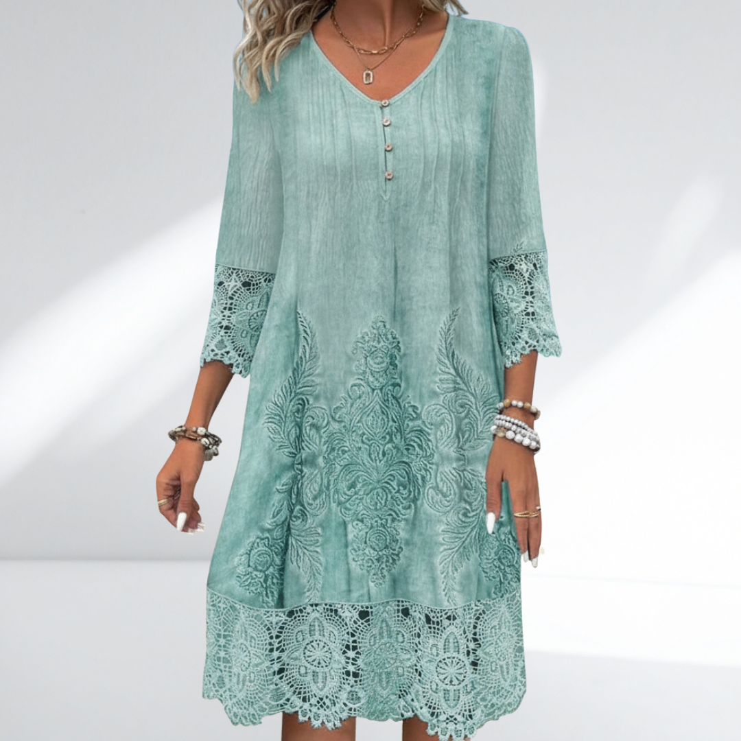 Lace trim embroidered boho dress in Green, front view