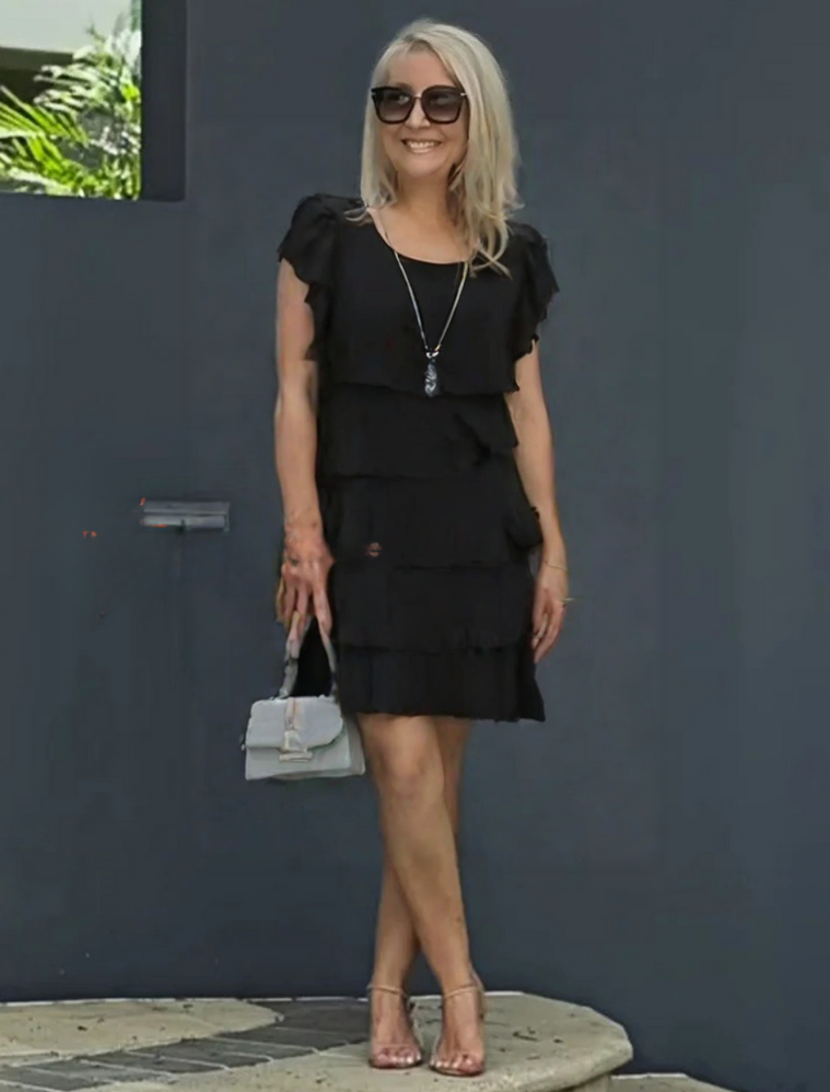 Short sleeve layered wedding guest midi dress, full length view