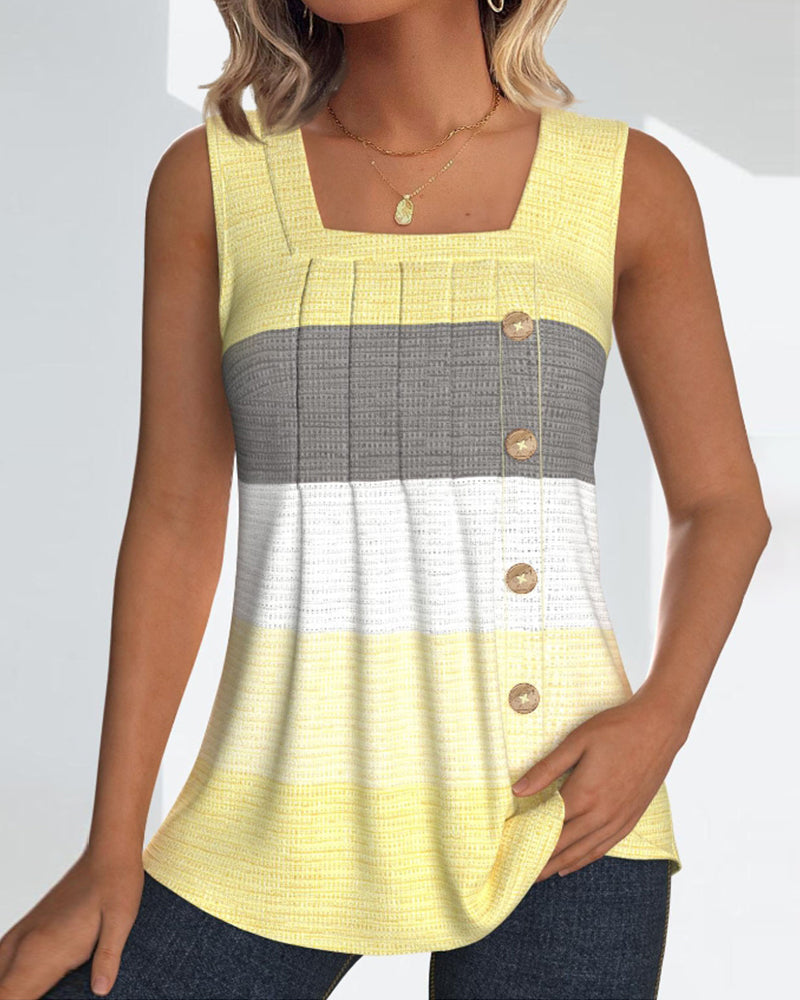 Striped Square Neck Shirred Button Sleeveless Vest Top