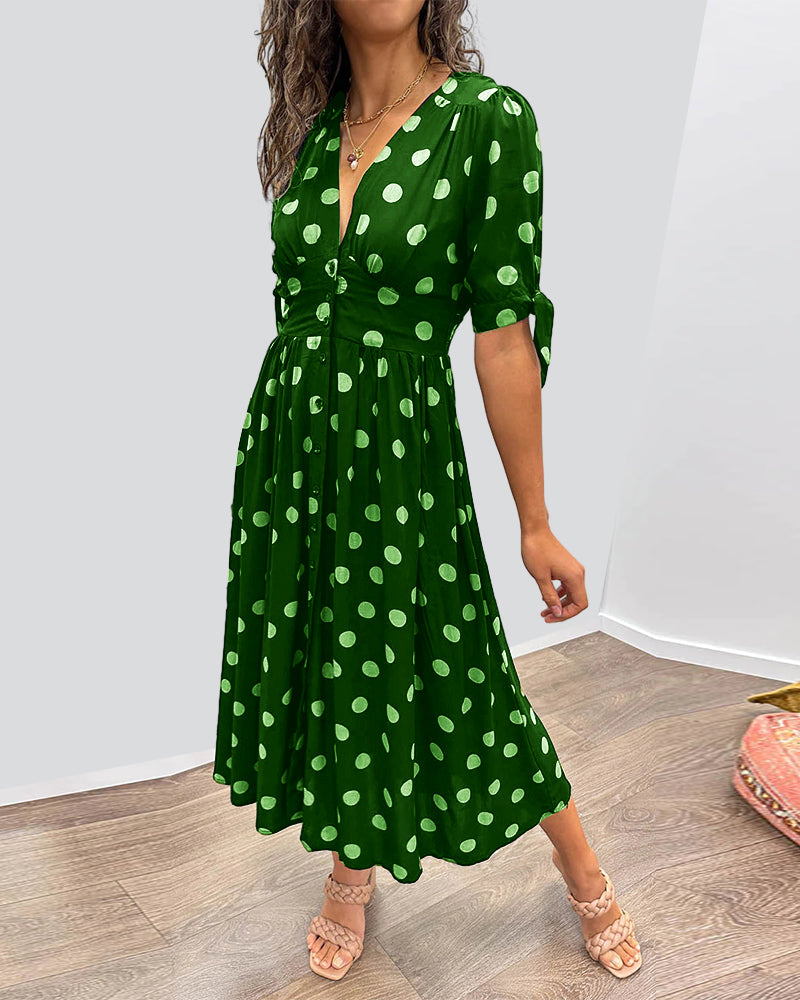 Polka Dot V-Neck Button Midi Dress