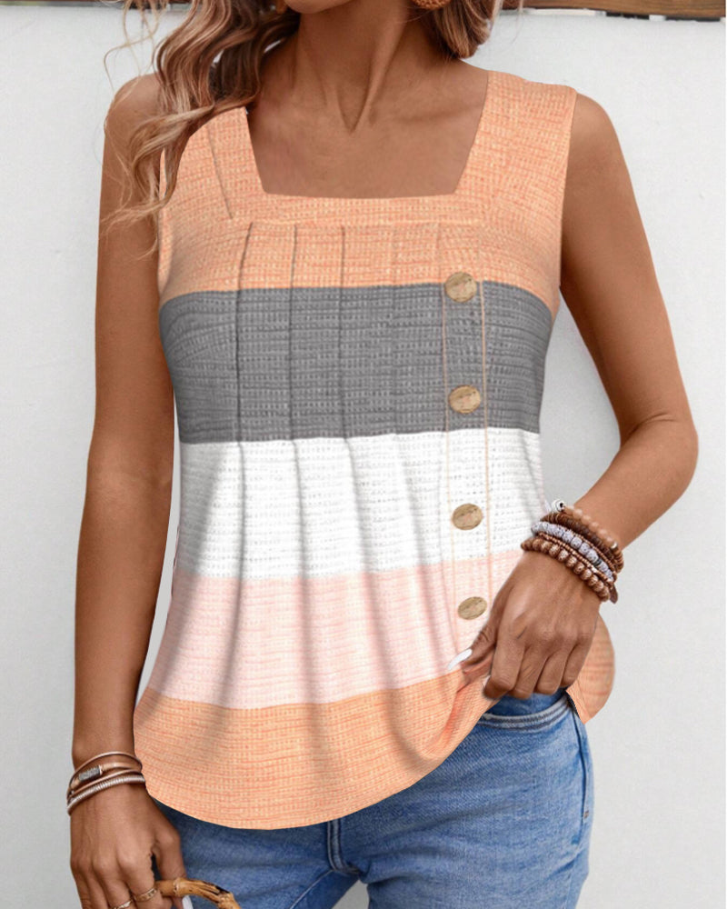Striped Square Neck Shirred Button Sleeveless Vest Top