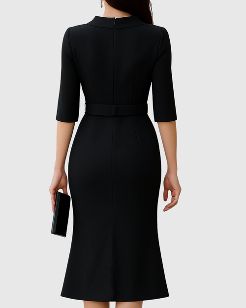 Belted High-Neck Black Midi Dress — worn on model