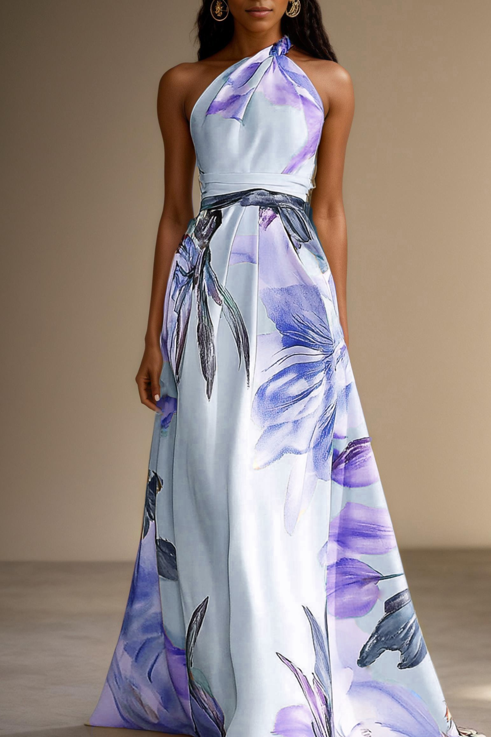 Lilac floral satin one shoulder maxi dress – women's halter neck occasion dress