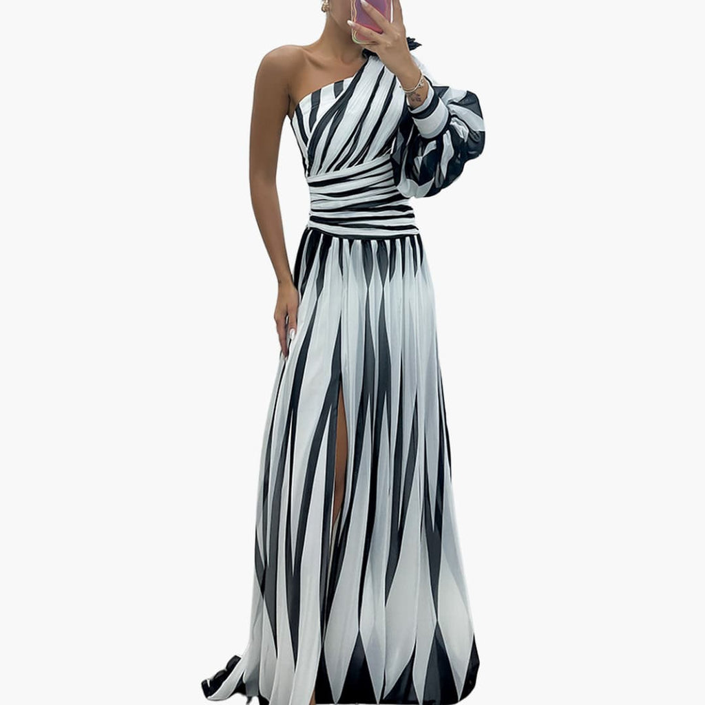 One-shoulder side split maxi dress wedding guest front view