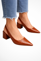 Women's pointed toe slingback low heel pumps, front view