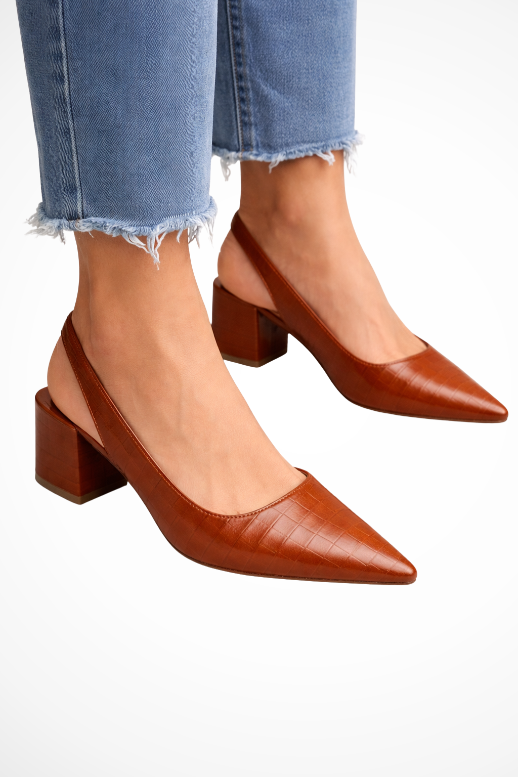 Women's pointed toe slingback low heel pumps, front view