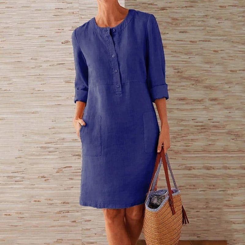 Women's cotton linen button-front shift dress with pockets in neutral colour, front view