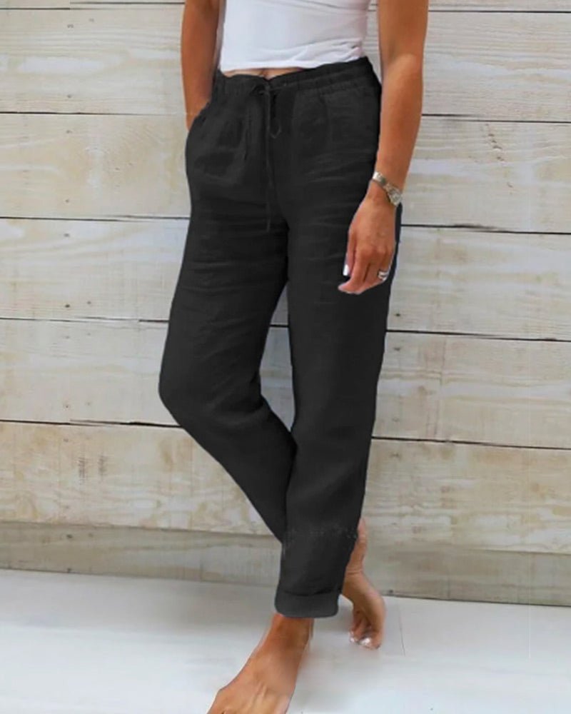 Stretchy lightweight casual trousers in black, front view