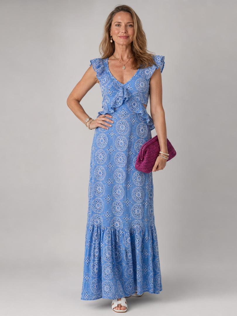 Sleeveless ruffle midi dress on model | Alba Muse